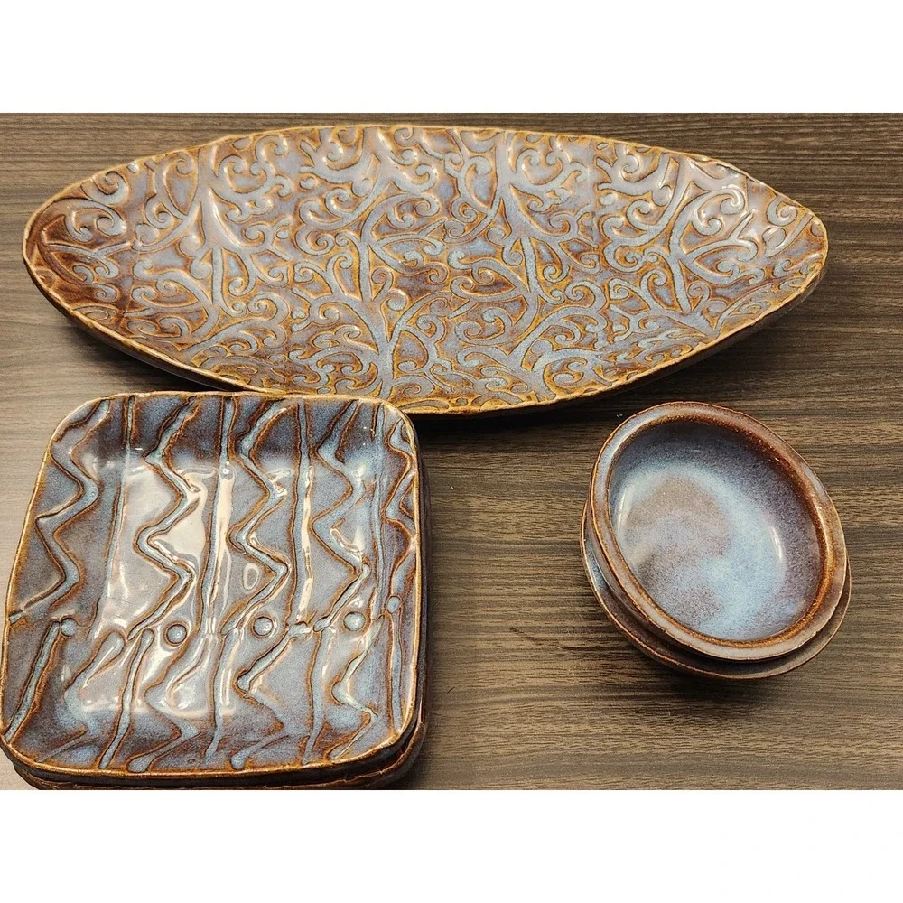Kent Follette Signed Set Sushi Platter, Trays & Bowls Japanese Design Blue Green